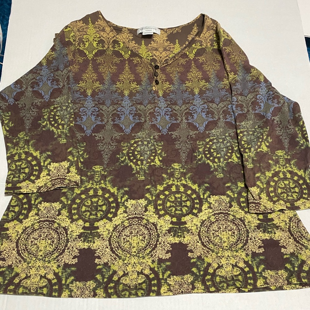 Liz Claiborne 3/4 sleeve brown yellow top XL